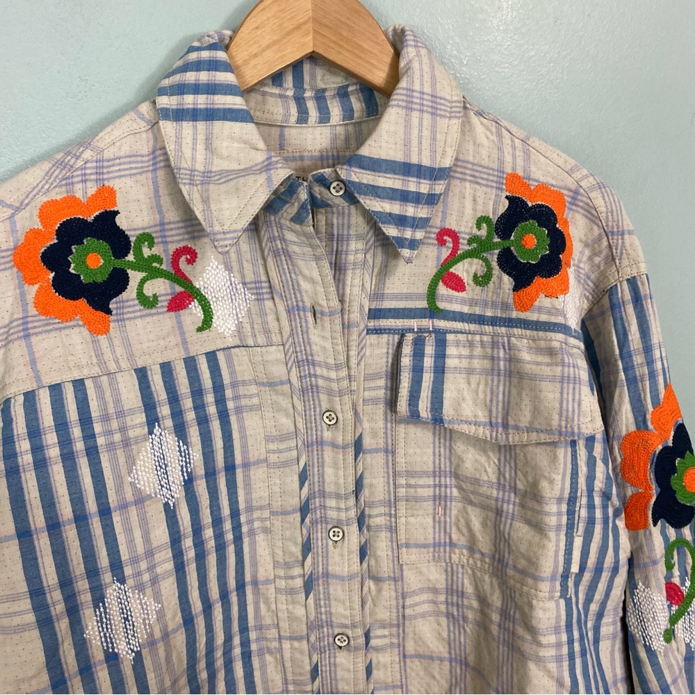 Free People Embroidered Sashiko Shirt Plaid Floral Oversized XS Blue Ivory - Picture 3 of 7